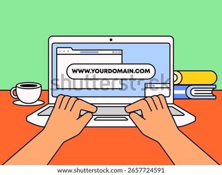 Person typing on a laptop displaying a browser with a sample website URL. Colorful flat design showing hands on keyboard, open browser tabs vector illustration