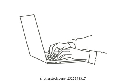 Person is typing on a laptop. The laptop is open and the person is using the keyboard. Hand drawn vector illustration. Black and white.