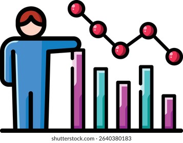 Person in the UK pointing at a rising bar graph vector icon; suitable for business, finance, success, economic growth, UKspecific concepts.