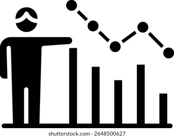Person in the UK pointing at a rising bar graph vector icon solid style; suitable for business, finance, success, economic growth, UKspecific concepts.