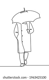 Person with umbrella in continuous line art drawing style. Front view of man walking in autumn coat holding umbrella over head. Black linear sketch isolated on white background. Vector illustration