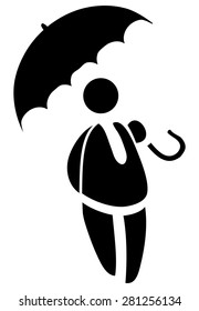 Person with Umbrella Silhouette Sign, Vector Illustration. 