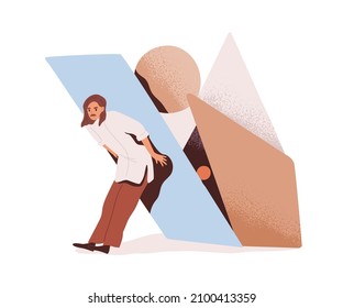 Person under heavy burden pressure, loaded with tasks. Problems and duties overload concept. Man with difficulties, troubles and misfortunes. Flat vector illustration isolated on white background