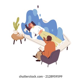 Person under hypnosis at psychologists session. Unconscious woman during hypnotherapy, psychoanalysis. Psychology, mental health therapy concept. Flat vector illustration isolated on white background