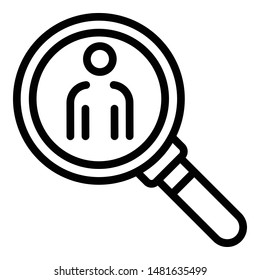 Person under the magnifier icon. Outline person under the magnifier vector icon for web design isolated on white background