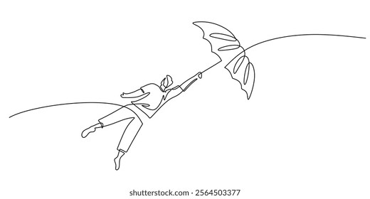 A person under an umbrella with falling rain in continuous line drawing. Representing protection, endurance, and resilience during difficult times. Vector illustration hand drawn.