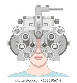 person undergoing a vision test with a phoropter, used in optometry to determine eye prescriptions diagram hand drawn schematic vector illustration. Medical science educational illustration