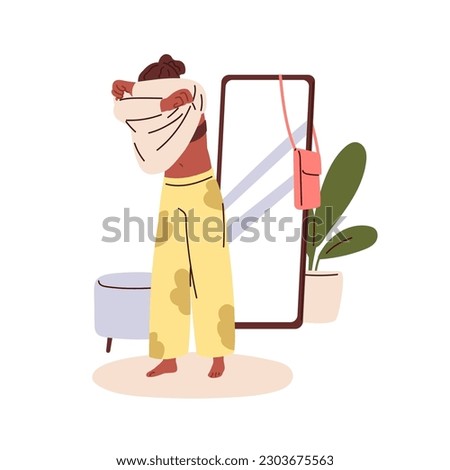 Person undressing, taking, putting off clothes. Woman pulling sweatshirt over head with arms. Unclothing process. Girl removing pullover. Flat vector illustration isolated on white background