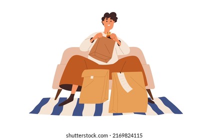 Person Unpacking Delivered Takeaway Fast Food, Sitting On Sofa At Home. Happy Man Opening Delivery Bag With Fastfood Snacks And Relaxing Alone. Flat Vector Illustration Isolated On White Background