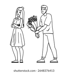 person unrequited love vector. female feeling, lonely young, unhappy romantic person unrequited love character. people black line pencil drawing illustration