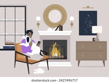 A person unwinds in a plush armchair, embracing a gentle dog, with a warm glow from the fireplace enhancing the tranquility