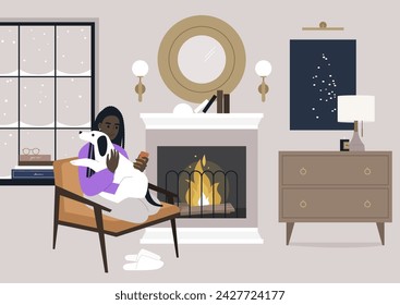 A person unwinds in a plush armchair, embracing a gentle dog, with a warm glow from the fireplace enhancing the tranquility