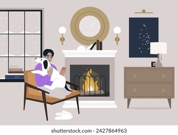 A person unwinds in a plush armchair, embracing a gentle dog, with a warm glow from the fireplace enhancing the tranquility