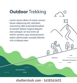 Person uphill trail walking, mountain ascent, summer hiking, outdoor trekking, nature tourism, wild adventure, line drawing, vector linear illustration