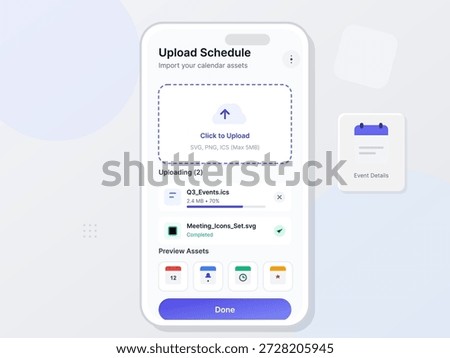 A person uploads calendar files from their device to a software platform for scheduling events. The interface shows file names and upload progress clearly.