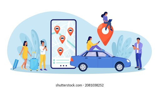 Person use autonomous online car sharing service. Man near smartphone screen with route and points location of car on city map. Online ordering taxi, rent auto. Group of people sharing auto