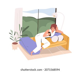 Person use mobile phone, surfing social media at home. Woman resting with smartphone on sofa. Female using internet, relaxing with cellphone. Flat vector illustration isolated on white background