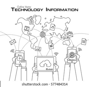 Person use phone and tablet to share data . outline style .