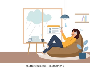 A person used technology in smart home for checking for check the weather conditions and relax in living room,Concept Smart home,Flat illustrator vector