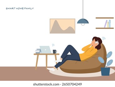 A person used technology in smart home for concrol advice be relax in living room,Concept Smart home,Flat illustrator vector