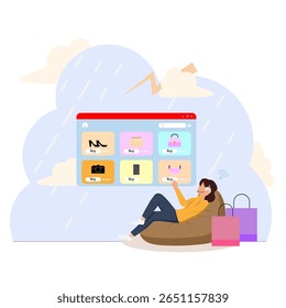 A person used technology in smart home for shoping online and relax in living room on raining day,Concept Smart home,Flat illustrator vector