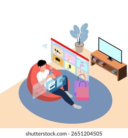 A person used technology in smart home for shoping online and relax in living room wiith isolated background,Concept Smart home,Flat isometric illustrator vector