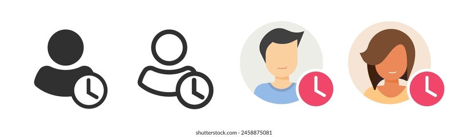 Person user account pending hold time icon vector graphic illustration set, man woman profile busy clock status line outline stroke art and flat cartoon image clipart modern design