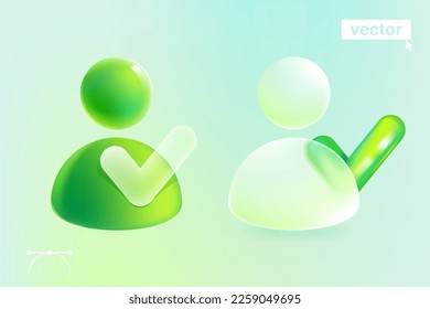 Usuario personal con icono de marca de verificación en estilo glassmorphismo. avatar 3D con logotipo de garrapatas. Emblema vectorial ecológico para presentación de naturaleza, pantalla de interfaz de usuario antivirus, banner de protección, diseño de aplicación de lista de comprobación.