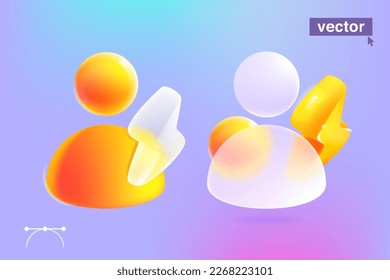 Person user icon in glassmorphism style. 3D avatar made of matte glass and lightnings. Transparent glass with blur effect. Vector emblem for social presentation, UI screen, business banner, app design