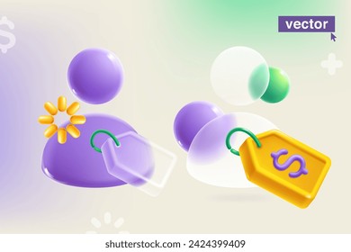 Person user icon in glassmorphism style. Realistic 3D Sale label tag with dollar symbol, ribbon, loading icon and sphere in glassmorphism style. Cartoon style discount kit. Special offer template. 