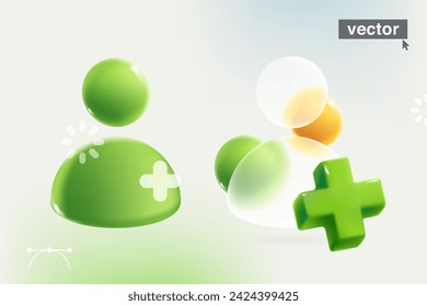 Icono de usuario de persona en estilo glassmorphism. Realista 3D verde añadir, además, cruz médica, icono de carga y esferas. Vidrio transparente con efecto desenfoque. Vector para redes sociales, pantalla de interfaz de usuario, banner, aplicación.