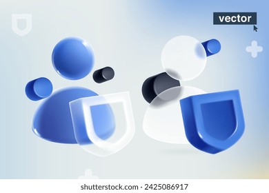 Person user icon in glassmorphism style. Blue security shield. Realistic 3D render in plastic cartoon. Vector for defense app, antivirus protection, privacy banner, good password, online data safety.