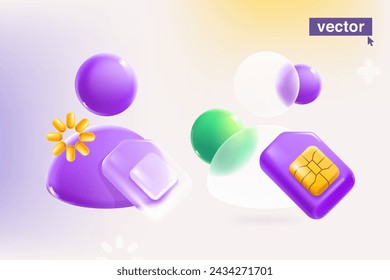 Person user icon in glassmorphism style with mobile phone SIM card with golden chip. Realistic 3D render in plastic cartoon. Vector for online telecom app, social media banner, wireless NFC payment.