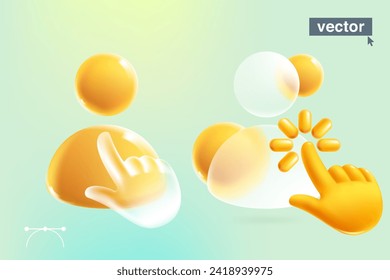 Person user icon with realistic 3D hand shape cursor in glassmorphism style. 3D avatar made of matte glass, cursor, loading icon and spheres. Transparent glass blur. Vector for social media app design