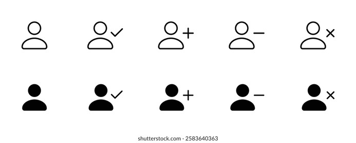 Person, user, people, profile Icon Set. Flat, and Line Icons for User Profiles, Apps, and Websites. Essential UI Elements in Modern Design. Fully scalable and customizable for print and digital.