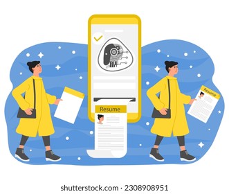 Person uses an artificial intelligence chatbot developed by OpenAI, smart AI. Chat bot helps to make resume, choose suitable candidate. People using neural network. Chat ChatGPT Vector illustration