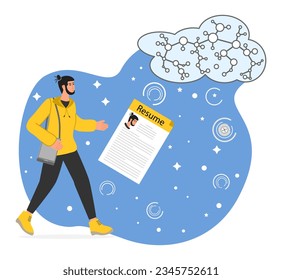 Persona utiliza un robot de chat de inteligencia artificial desarrollado por OpenAI, inteligencia artificial inteligente. El bot de charla ayuda a hacer currículum, elegir el candidato adecuado. Personas que usan redes neuronales. Ilustración del vector ChatGPT