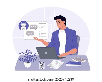 A pessoa usa inteligência artificial para resolver problemas empresariais. Pesquisa, escrita e geração de conteúdo usando um bot de bate-papo. conceito de tecnologia de IA. Ilustração em plano vetorial