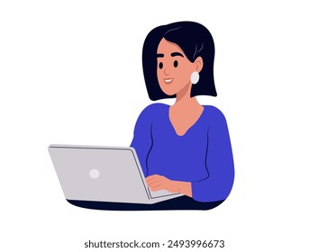 La persona usa una computadora para trabajar o estudiar. Ilustración vectorial.