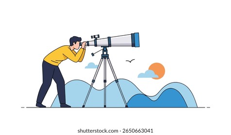 A person uses a large telescope on a tripod to observe the distant sky with clouds and mountains in the background creating a scenic outdoor landscape scene