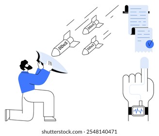 Uma pessoa usa um escudo para bloquear mísseis rotulados DDoS e um dedo toca uma tela sensível ao toque exibindo documentos. Ideal para segurança cibernética, prevenção de ameaças, tecnologia, segurança de rede e dados