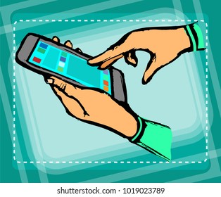 A person uses a smartphone. The gadget is in the user's hands. Vector illustration