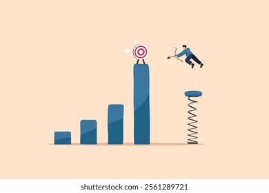 A person uses a springboard to leap towards a bullseye target on top of a growth chart, symbolizing the journey of achieving ambitious goals through strategic momentum and aiming for success