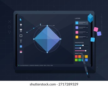 Una persona utiliza una tableta para crear arte digital. La pantalla muestra una forma geométrica con varias opciones de color y capas disponibles para la edición. El espacio de trabajo está organizado con herramientas para el diseño.