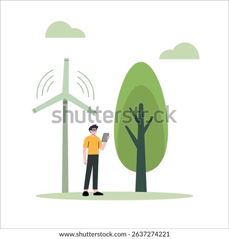 A person uses a tablet device near a wind turbine and a tree, symbolizing eco-friendly technology and sustainability, for environmental awareness.