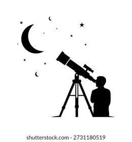 Una persona usa un telescopio para ver cuerpos celestes, con la luna y las estrellas visibles en el cielo nocturno.