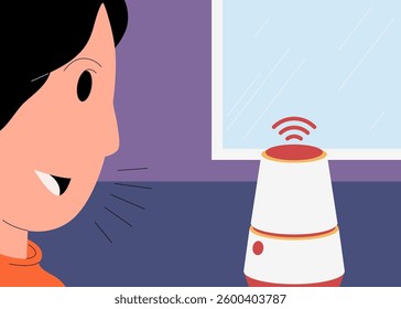 A person uses voice commands to interact with a smart speaker in a modern home