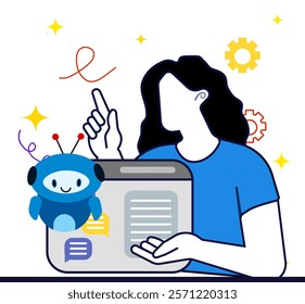 Person using AI chatbot to create a text, young woman gives a prompt to a chat bot, uses a virtual assistant for work to write articles. Cartoon flat vector illustration.