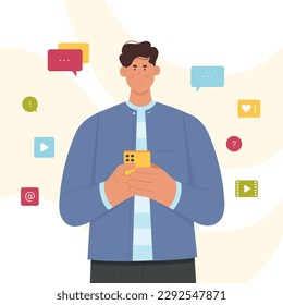 Person using apps in smartphone vector illustration. Cartoon young man holding phone surrounded by icons of different mobile applications, social media messages and notification, video and email