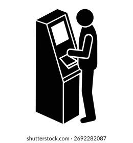 Persona que utiliza el icono del Vector del cajero automático aislado en el fondo blanco